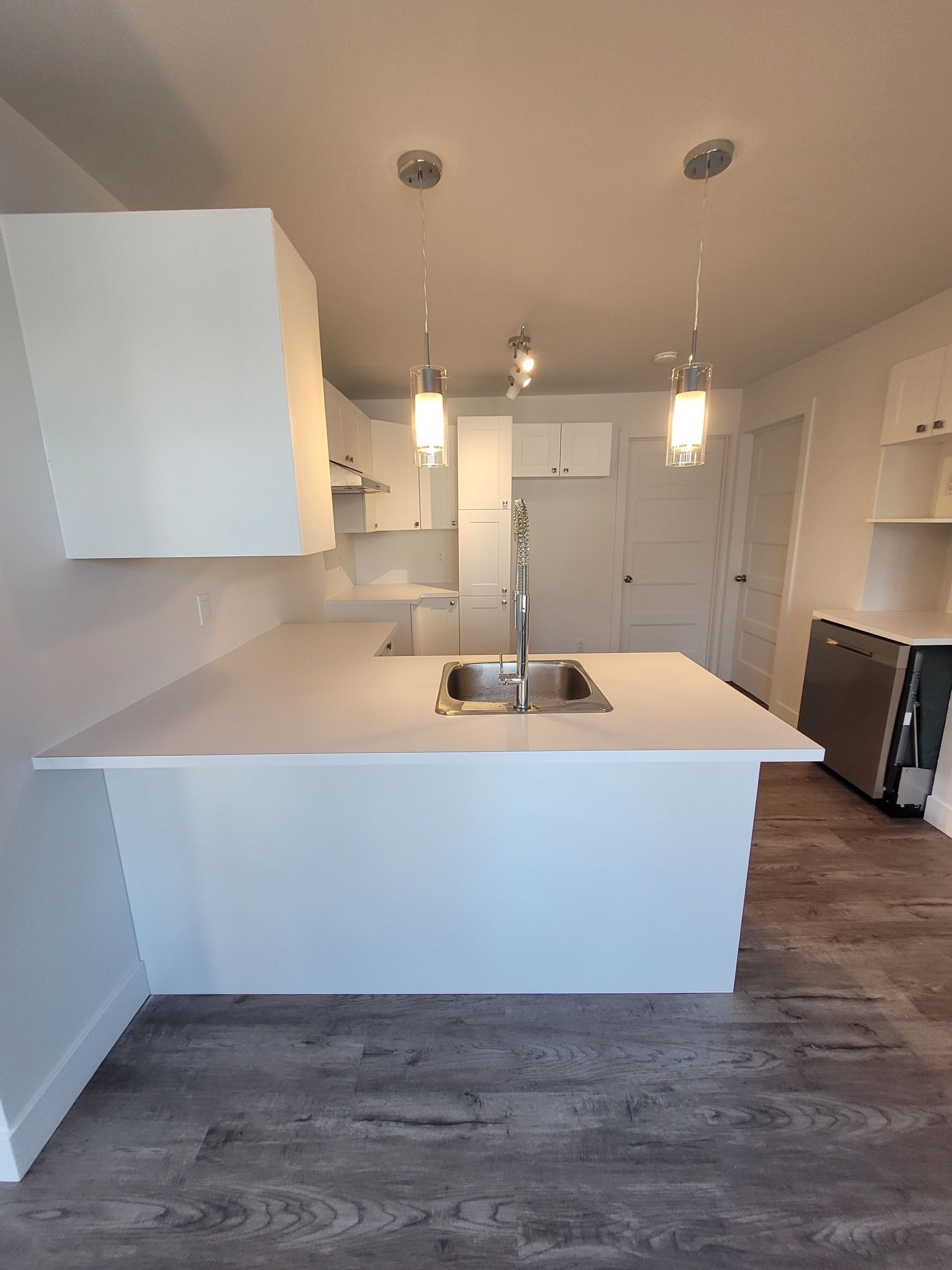 Une cuisine avec des armoires blanches, un évier et un lave-vaisselle.