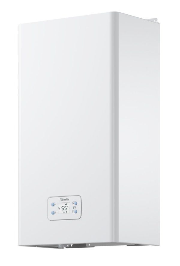 Una caldaia bianca è appoggiata su una superficie bianca.