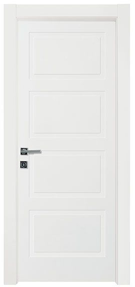 Una porta bianca con quattro pannelli e una maniglia nera su uno sfondo bianco.