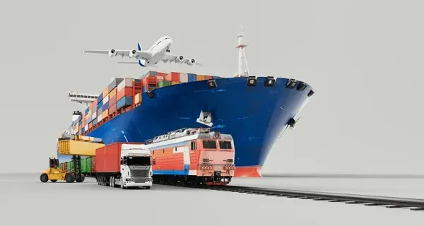 Un barco de carga, un avión, un tren, un camión y una carretilla elevadora representan varios modos de transporte.