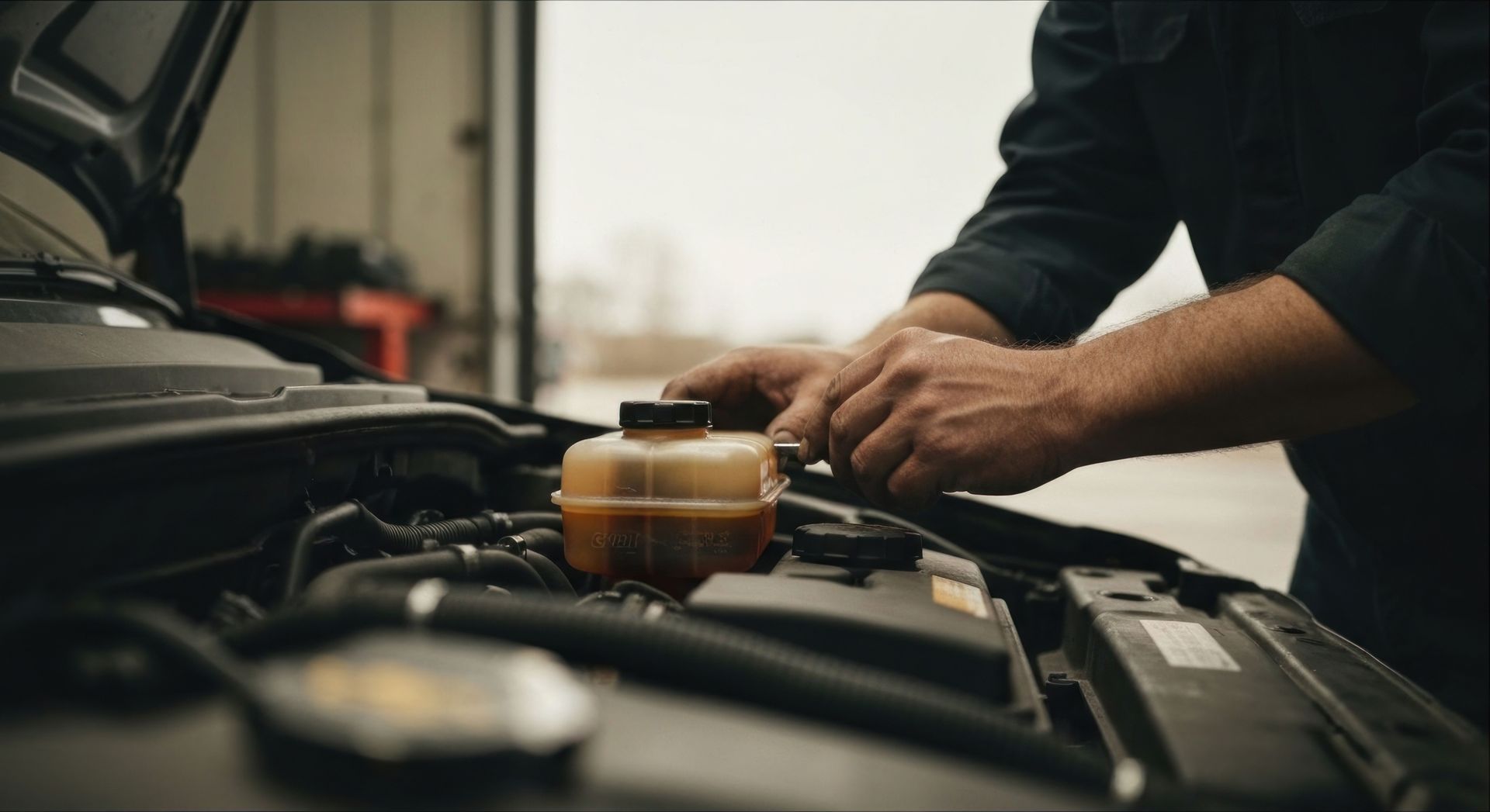 Mechanic working on a car engine with hands visible, examining a fluid reservoir.
