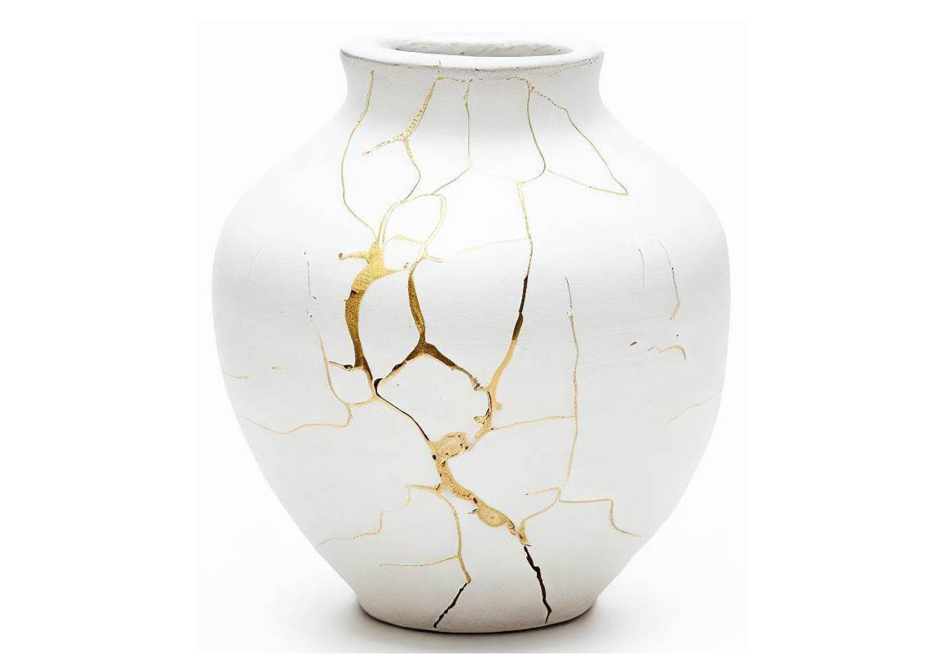 White ceramic vase, repaired with gold-colored kintsugi, on a white background.