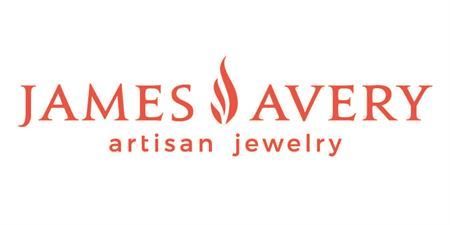 Logo for James Avery Artisan Jewelry: red text on white background with a flame icon between the names.