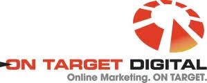 Logo for On Target Digital: red and black text, abstract red shape.