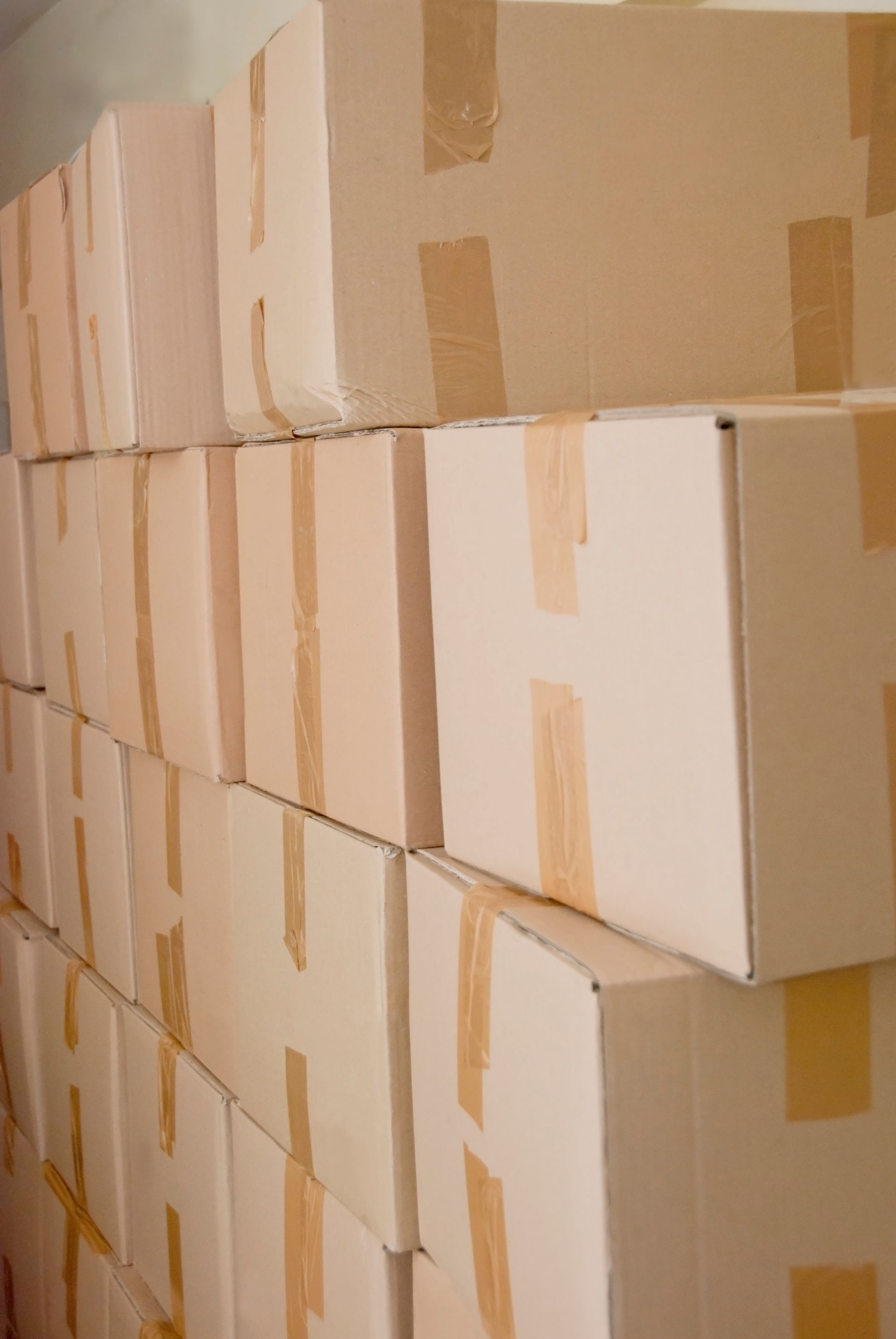 A stack of closed cardboard boxes for self-storage units at Guardian Self Storage/Mutual Mini Storage in Akron, OH.