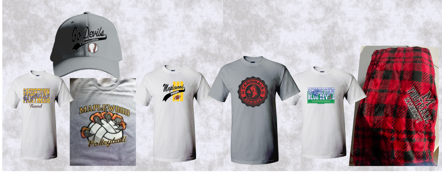 Baseball cap, t-shirts, and a red and black plaid blanket on a light gray background.