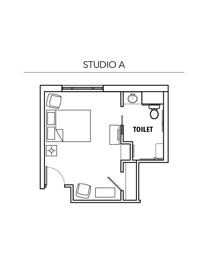 A black and white floor plan of a studio a apartment.