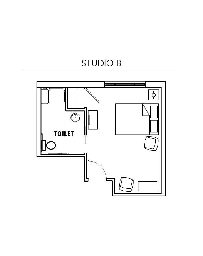 A black and white floor plan of a studio b apartment.