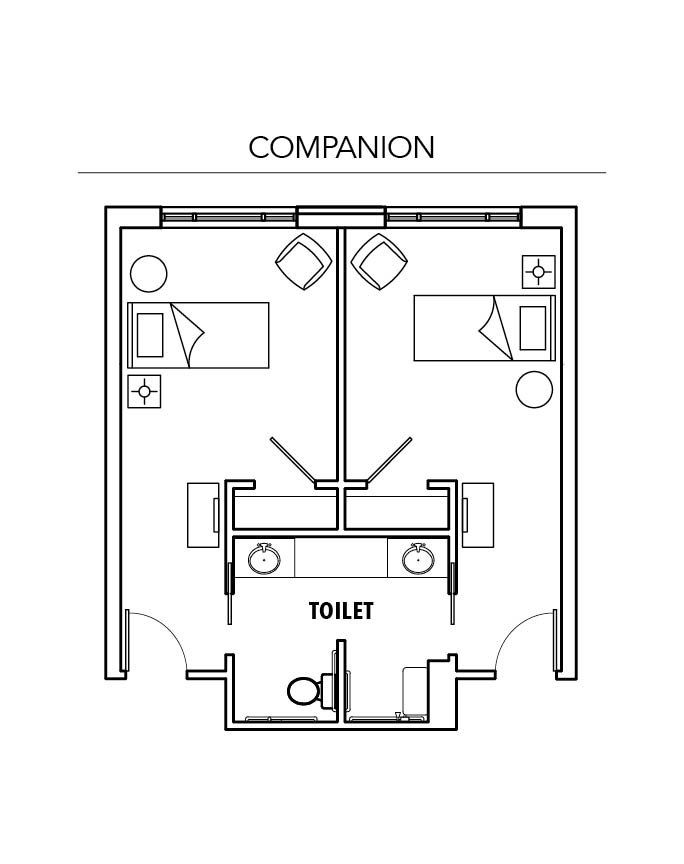 A black and white floor plan of a room with two beds and a toilet.