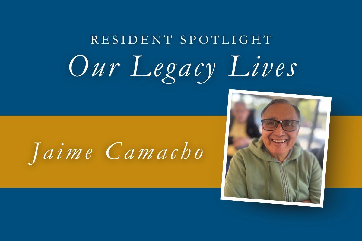 Resident Spotlight: Jaime Camacho smiling, framed by blue and gold background.