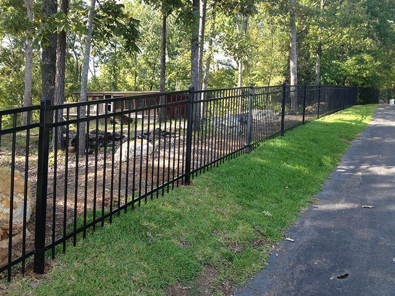A black metal fence surrounds a grassy area next to a road.