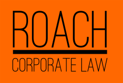 The logo for roach corporate law is orange and black.