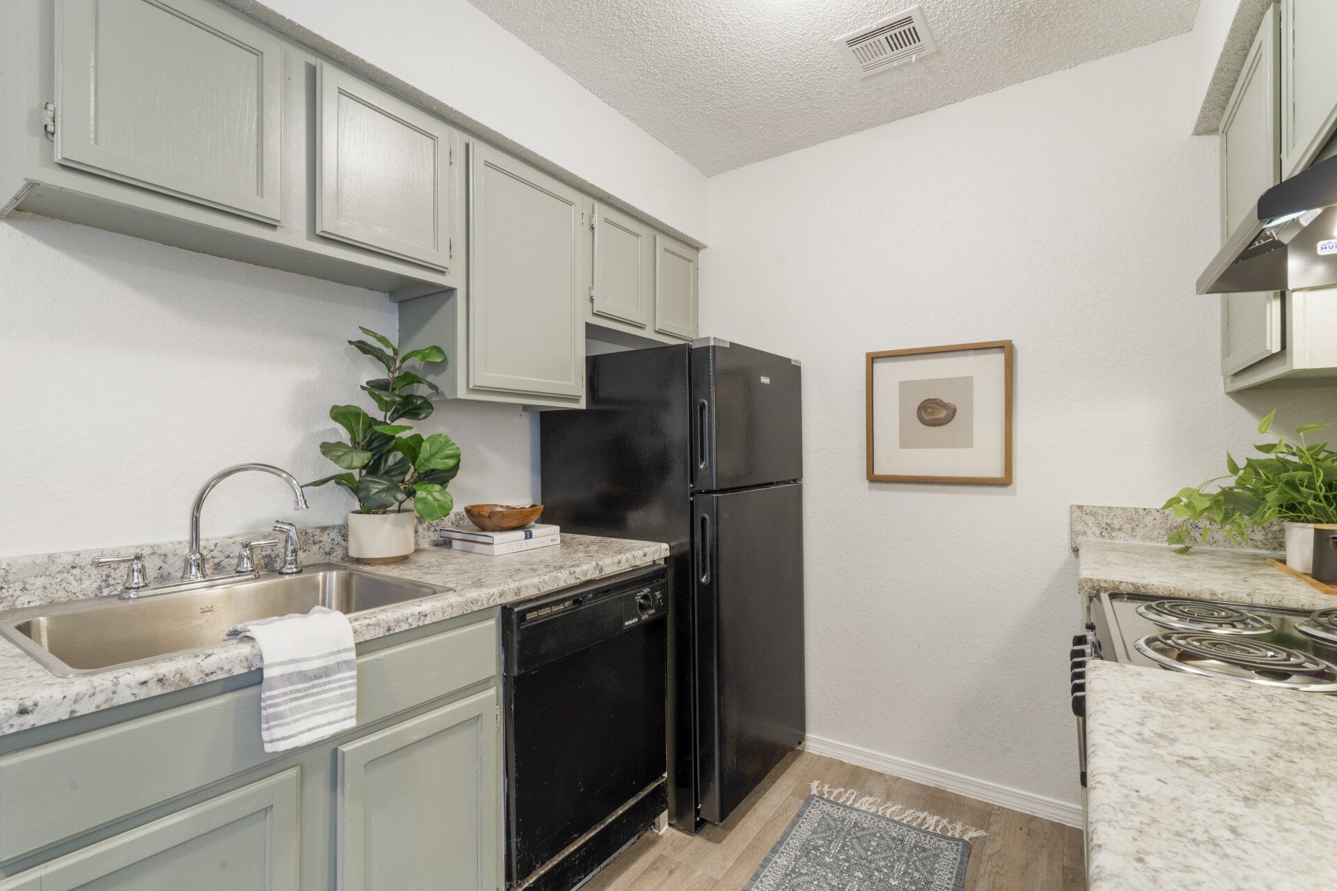 A kitchen with a sink , refrigerator , dishwasher and stove.