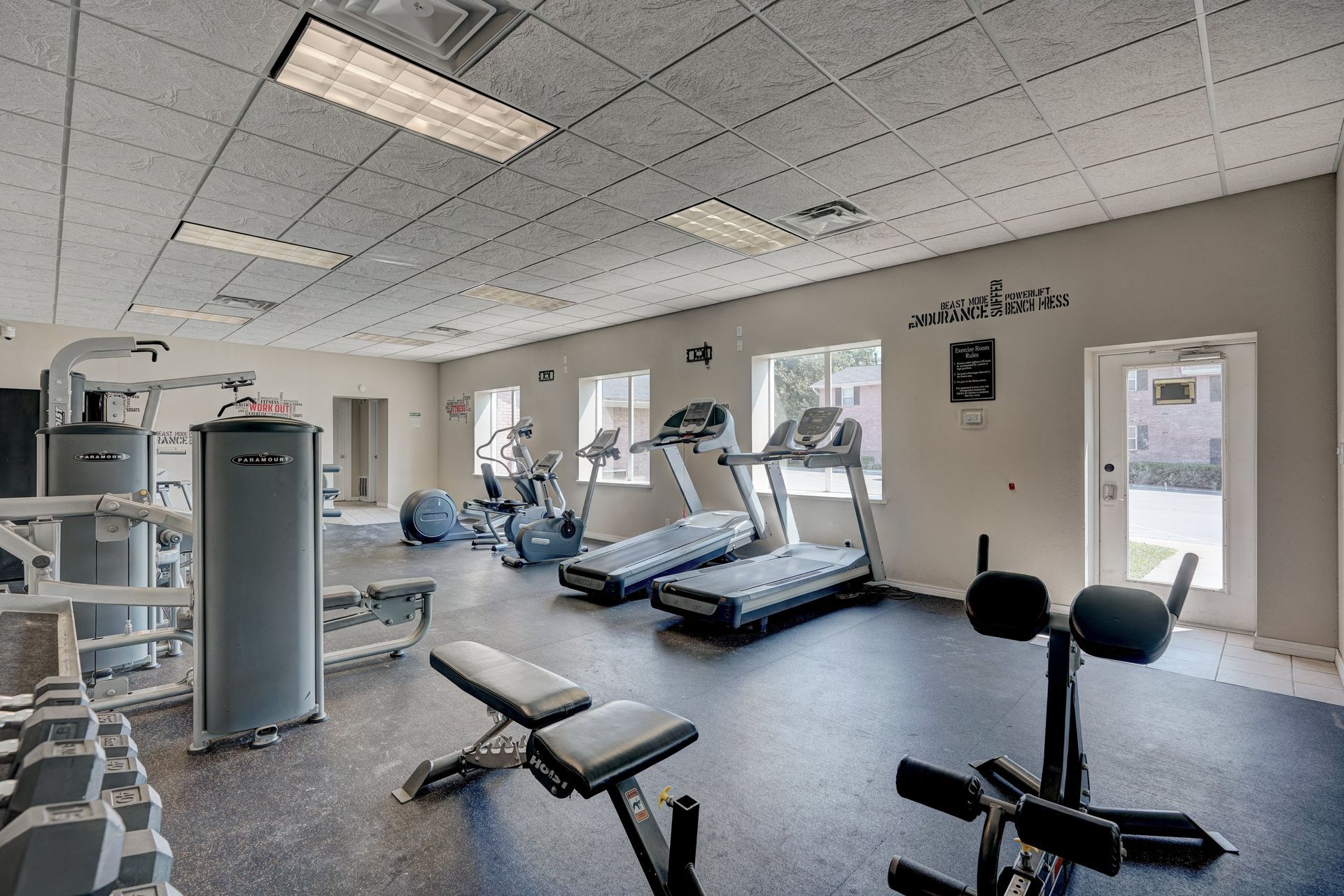 A gym with treadmills , dumbbells , and a bench