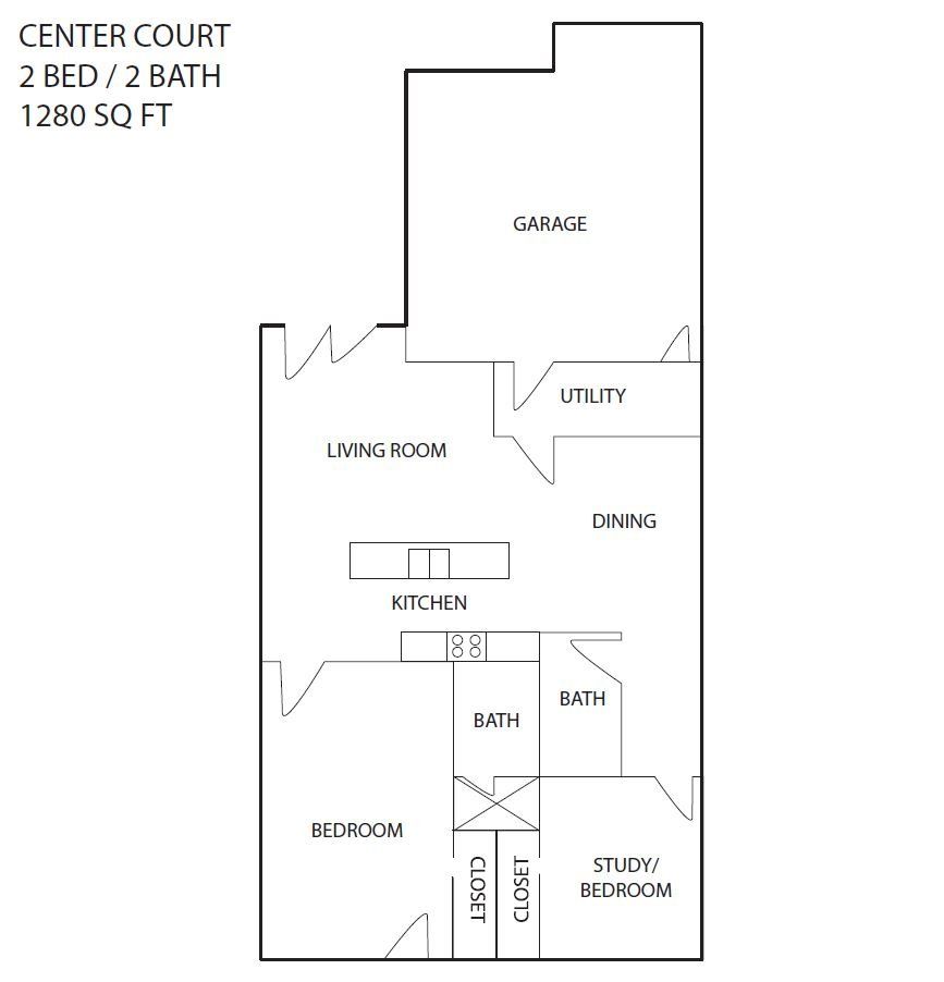 A black and white floor plan of a 2 bed / 2 bath apartment.