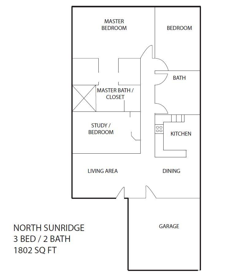 A black and white floor plan of a 3 bed / 2 bath apartment.