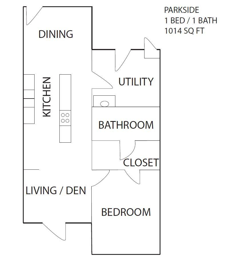A black and white floor plan of a 1 bedroom apartment with a bathroom and closet.