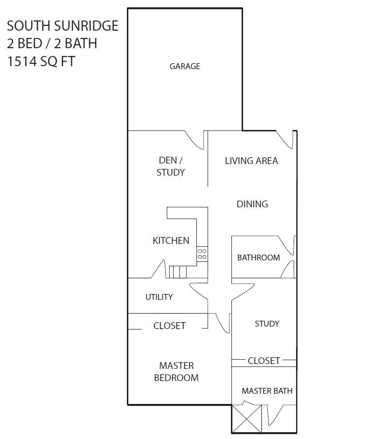 A black and white floor plan of a 2 bed / 2 bath apartment.