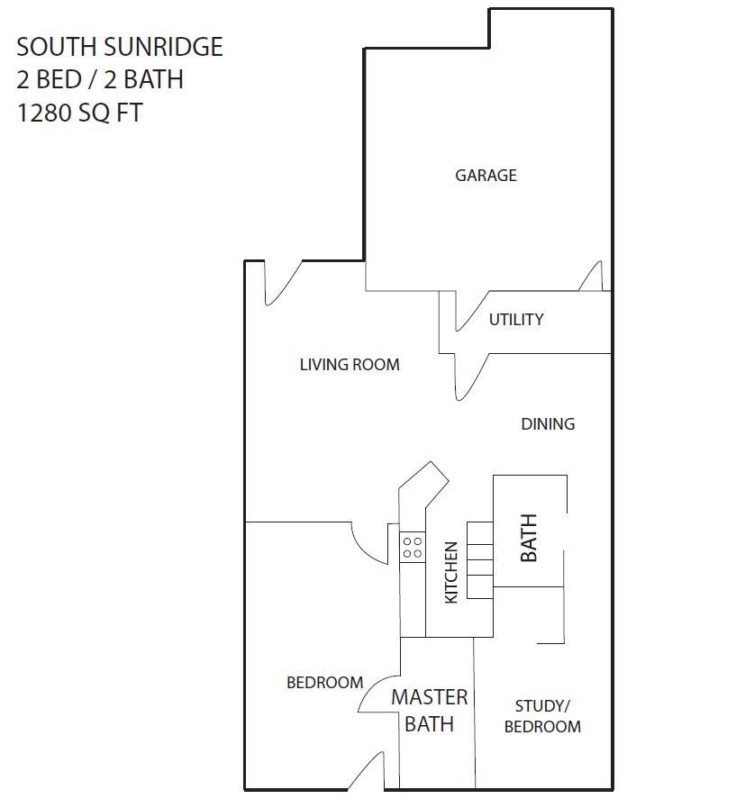 A floor plan of a house with two bedrooms and two bathrooms.