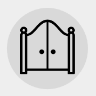 A black and white icon of a pair of doors in a circle.