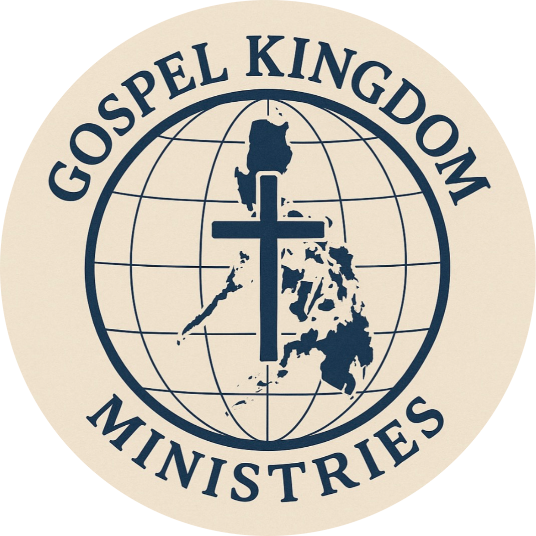 Logo for Gospel Kingdom Ministries featuring a cross, globe, and the Philippines outlined.