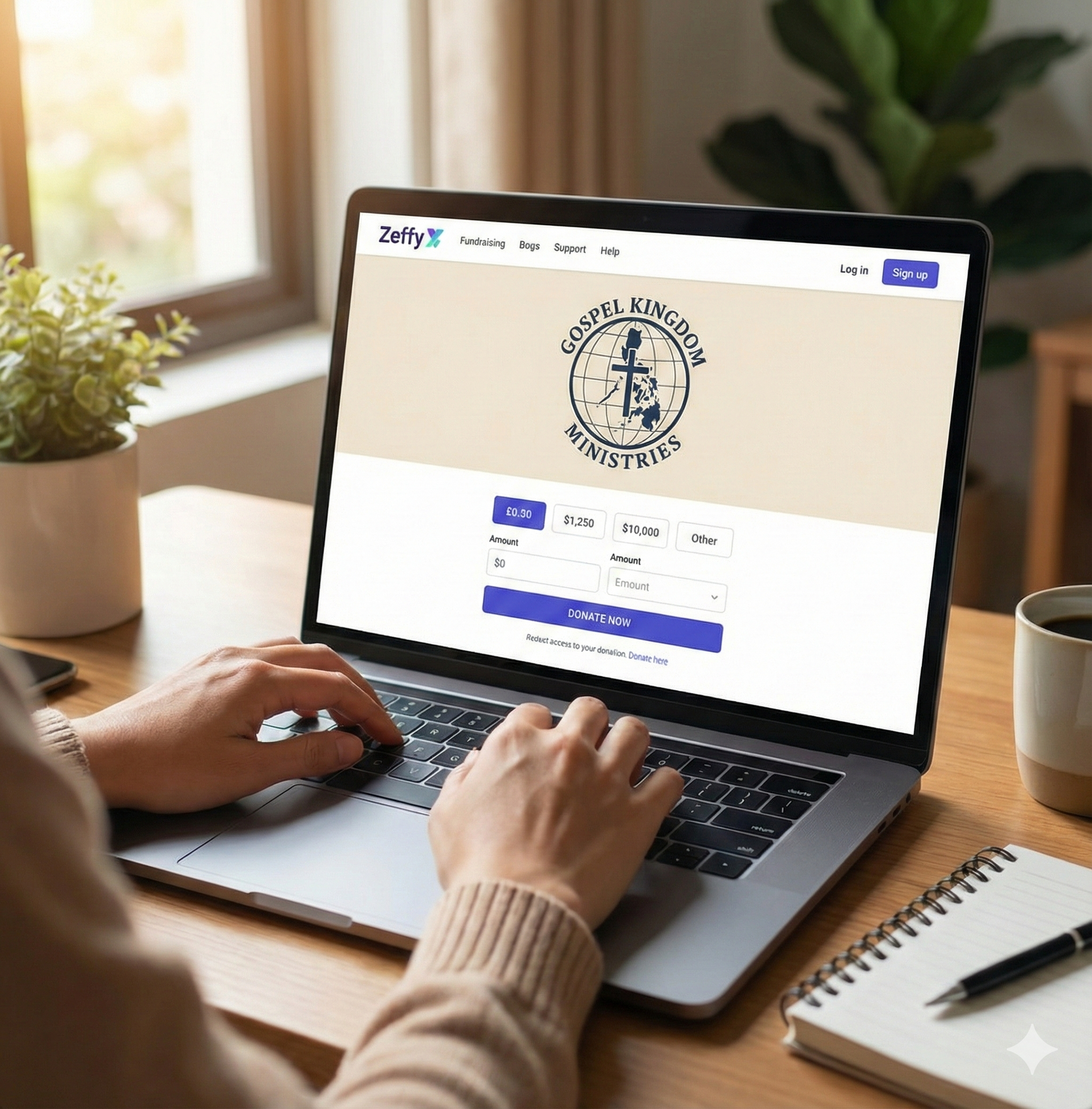 Person using laptop; website login screen for