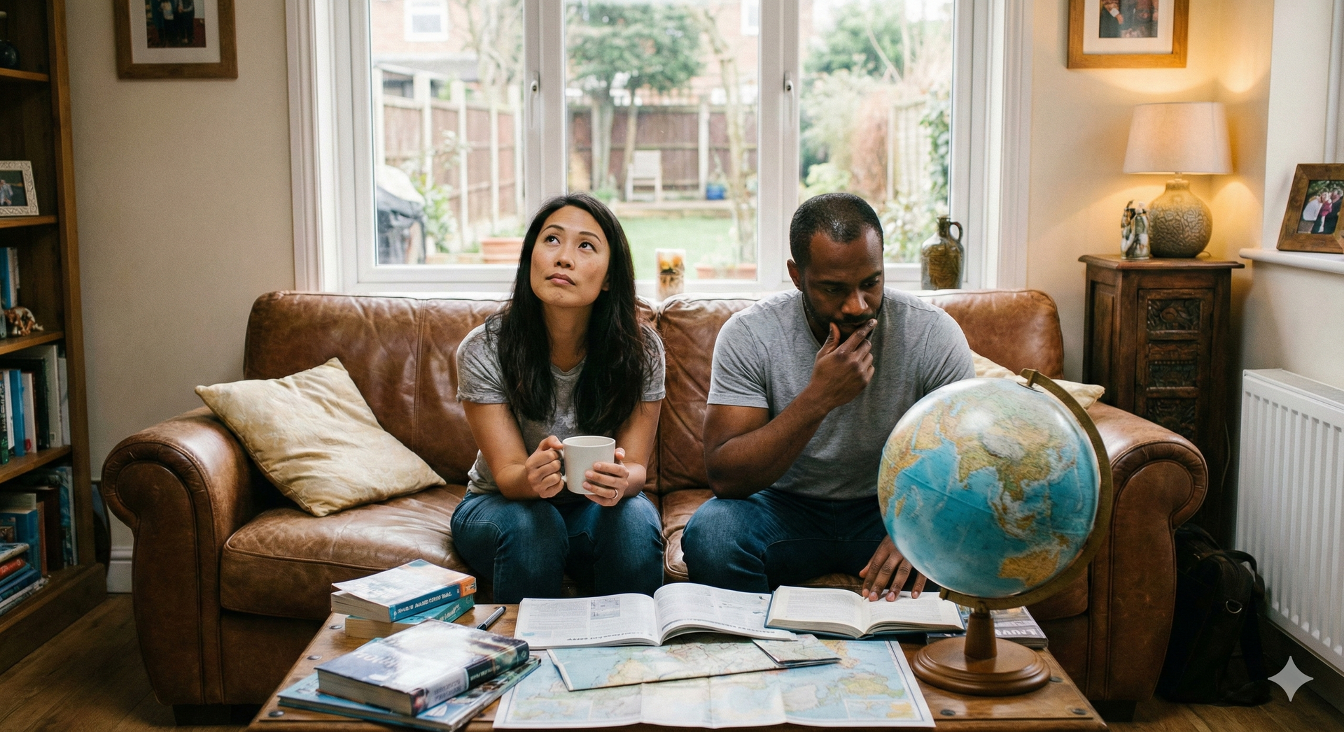 Couple planning a trip, looking at a globe and maps in a living room with a window, thinking.