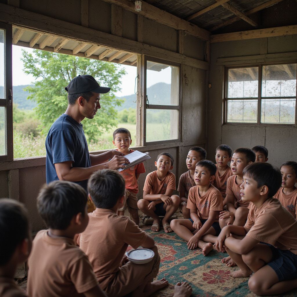 A teacher reads from a book to a group of children in a small room with open windows, nature visible outside.