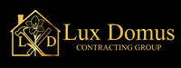A lux domus contracting group logo with a house and a flower on a black background.