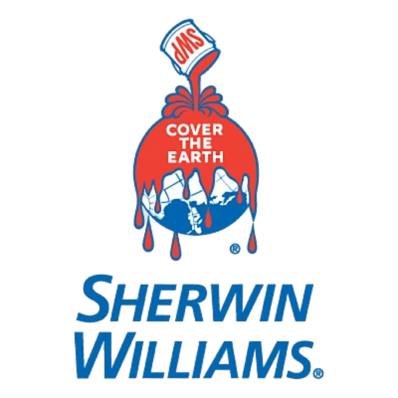 Sherwin-Williams logo: red paint pouring from can, covering the Earth; blue text: