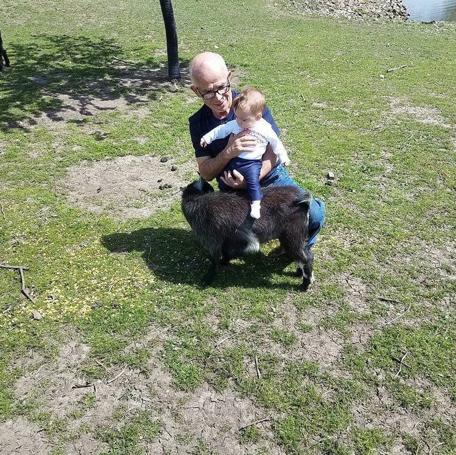 A man is holding a baby while sitting on a sheep.