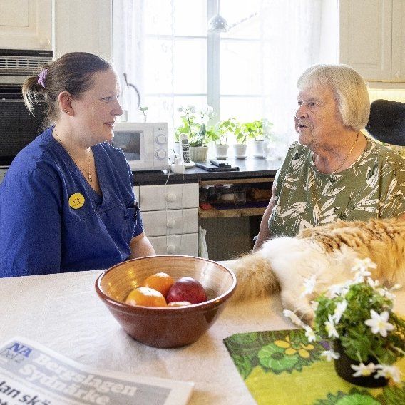 Porträttbild av personal i hemtjänsten och en äldre dam