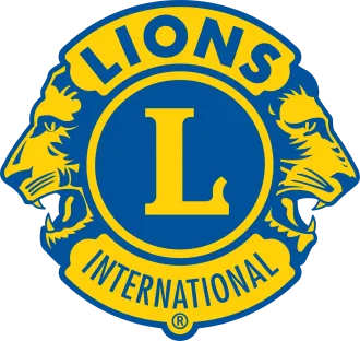 Lions Clubs International logo: Yellow text and details over blue. Two lion profiles flank a blue circle with a yellow 