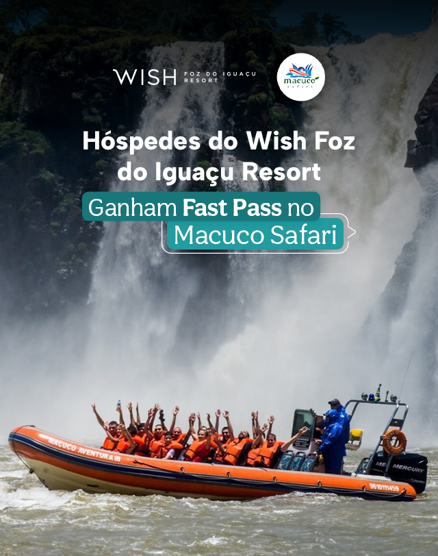 Um grupo de pessoas está em um barco em frente a uma cachoeira.