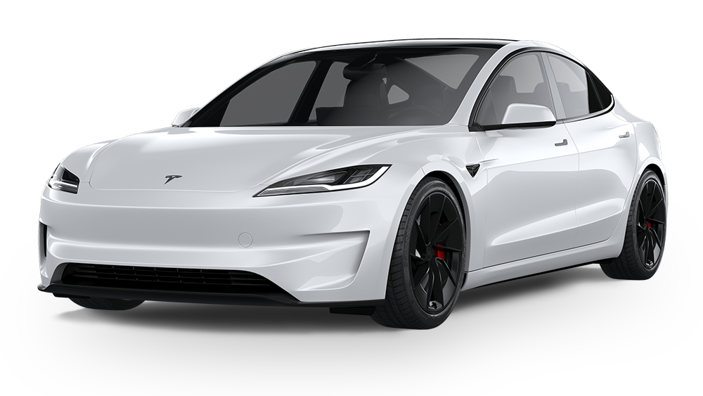 White Tesla Model 3 sedan featuring a refreshed front-end design, black wheels, and a clean, minimalist aesthetic.