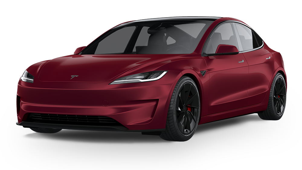 A sleek, deep red Tesla Model 3 sedan shown from a front-quarter angle against a white background.