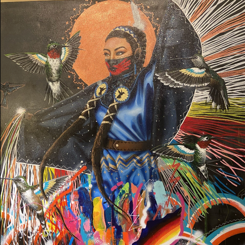 A painting of a woman surrounded by birds and a rainbow