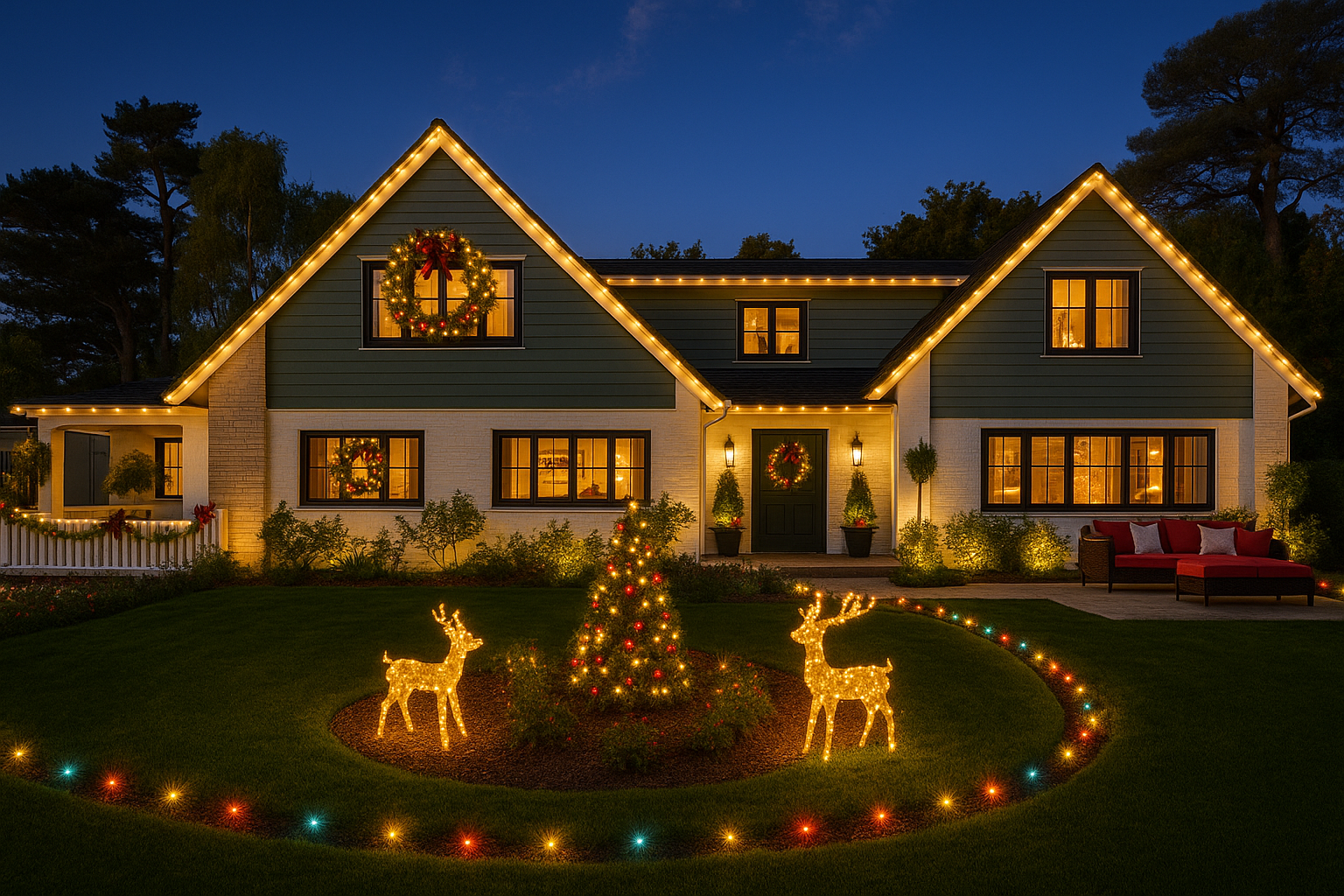 A house decorated for christmas with a christmas tree and reindeer