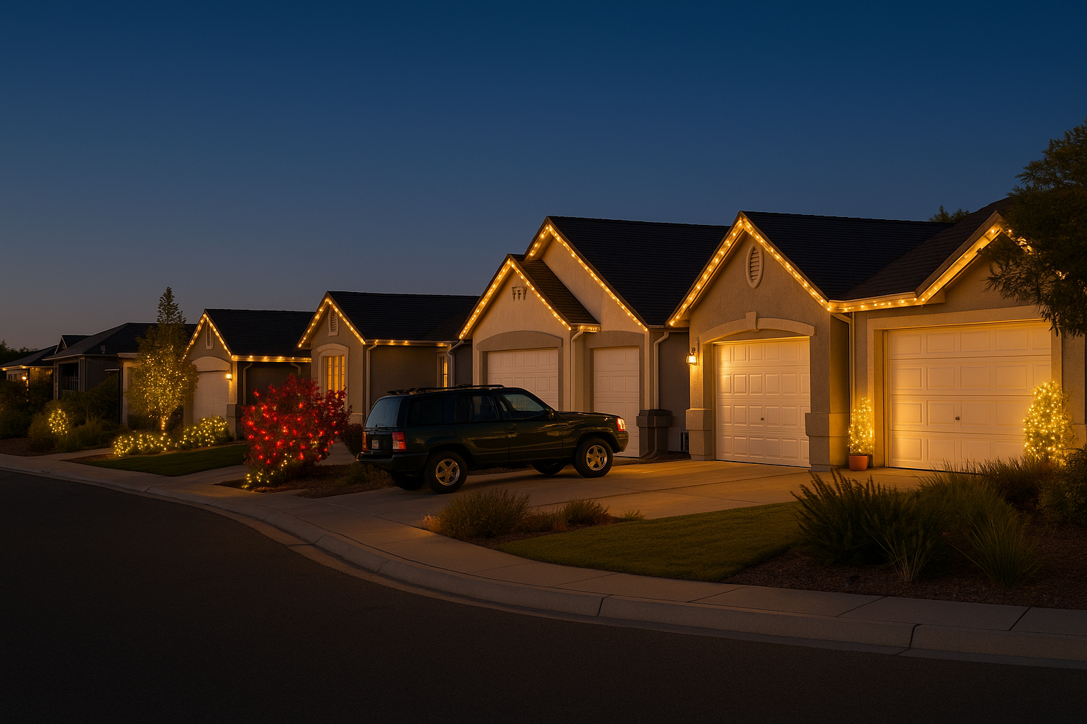 A car is parked in front of a row of houses decorated with christmas lights.