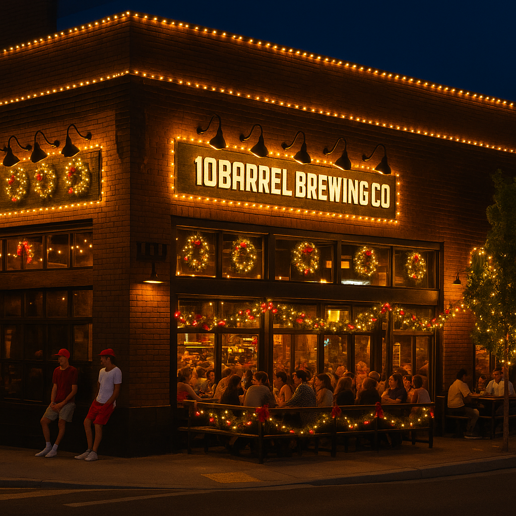 10 barrel brewing co is lit up at night