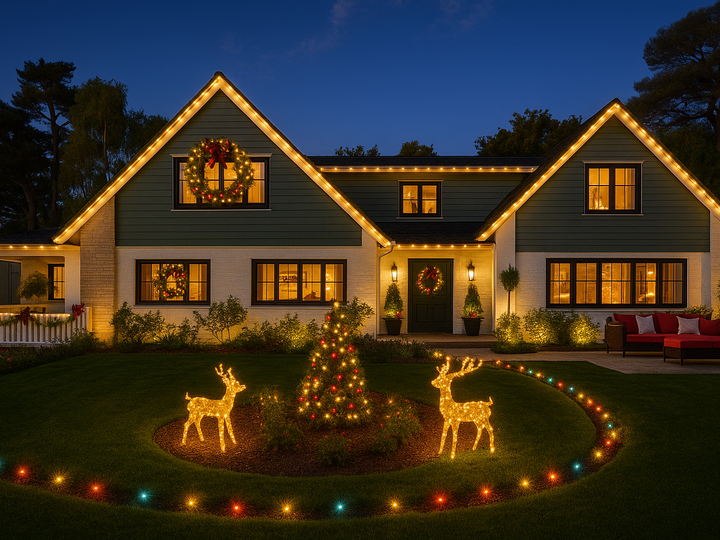 A house decorated for christmas with a christmas tree and reindeer