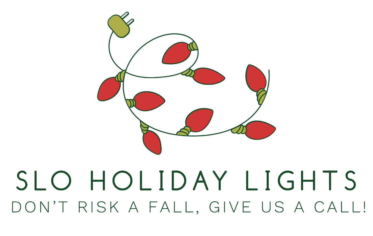 A logo for slo holiday lights that says do n't risk a fall give us a call