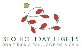 A logo for slo holiday lights that says do n't risk a fall give us a call