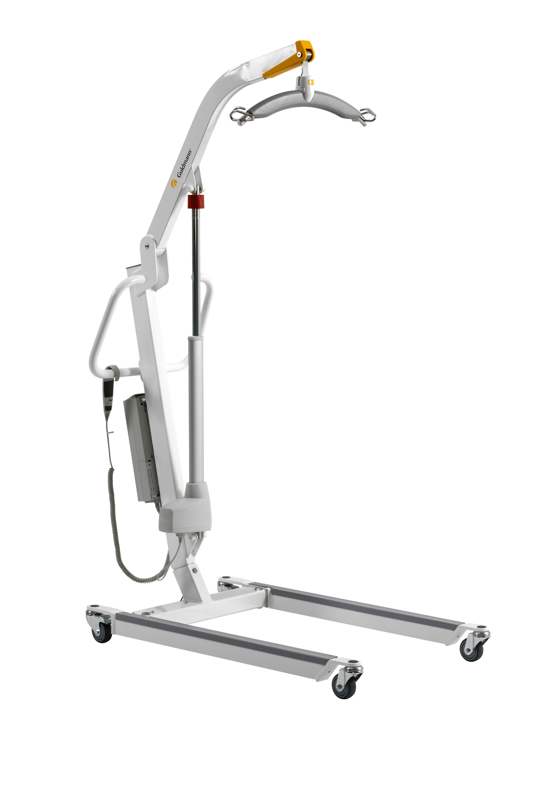 Ein weißer Patientenlifter mit Rädern auf weißem Hintergrund.