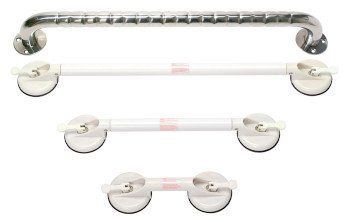 Drei Edelstahlhandläufe mit Saugnäpfen auf weißem Hintergrund.