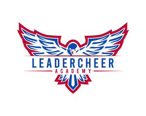 A red , white and blue logo for a cheerleading academy.