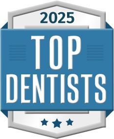 2025 Top Dentists badge in blue and silver with three stars