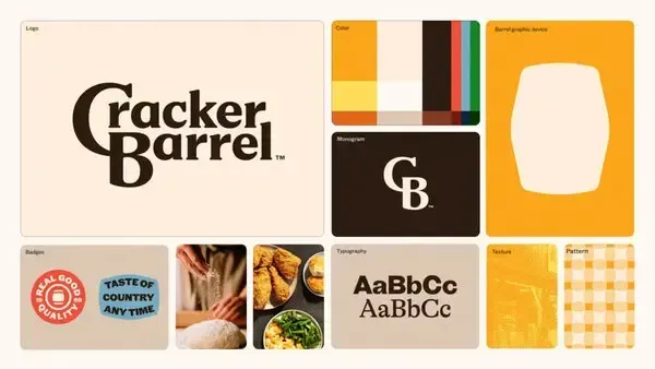 Cracker Barrel branding guide: logo, color palette (browns, oranges), illustrated barrel, fonts, and imagery (food, textures).