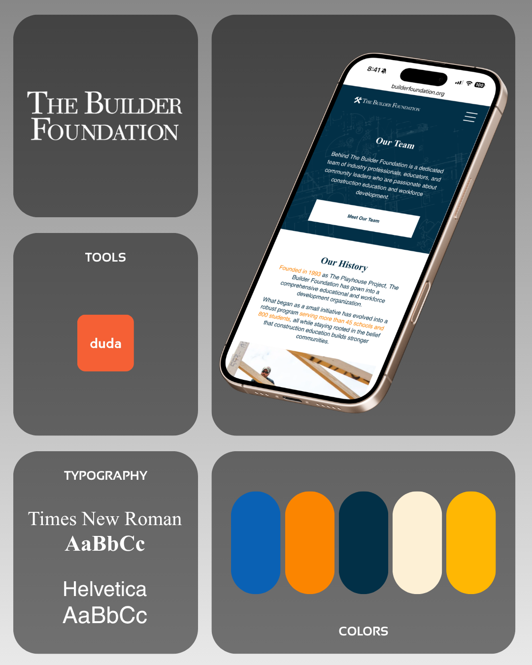 A brand style guide for Madonna including a logo, mobile interface mockup, typography examples, and a five-color palette.