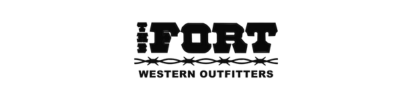 A black and white logo for fort western outfitters